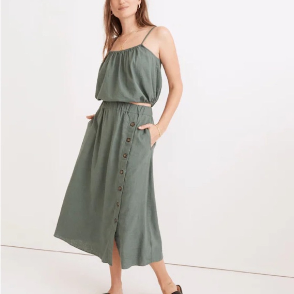 Madewell Linen-Blend Side-Button Midi Skirt, Faded Shale (sage/teal green), XL